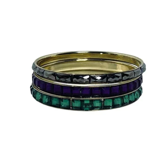 Vintage Lot Of 3 Gold Tone Bangle Bracelets - Green, Purple And Gray (6209) - Picture 5 of 5